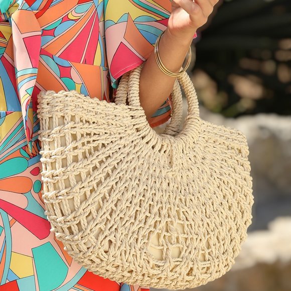 NEW Beige Bamboo Woven Semicircle Tote Handbag - Picture 3 of 12